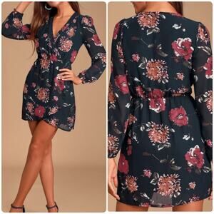 Lulus Pretty Pretender Navy Floral Print Long Sleeve Faux Wrap Dress